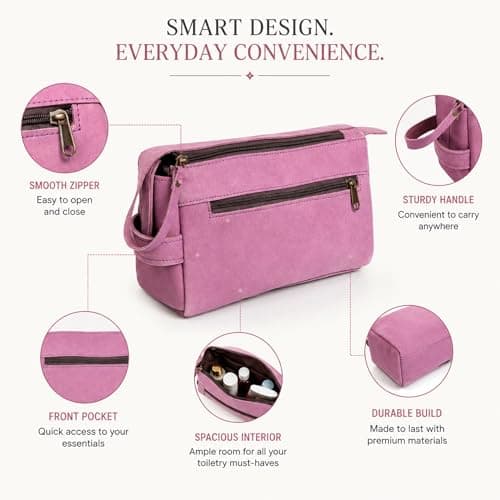 PRASTARA Leather Toiletry Bag for Men, Travel Essentials Shaving Dopp Kit Bathroom Shower Toiletries Organizer, Cosmetic Make up Bag for Women (MAGENTA) — view 4