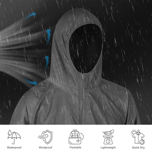 BSBUY Mens Waterproof Jackets Lightweight Rain Jacket Packable Hooded Rain Coats Fast Dry Raincoat Windproof Shell Jacket with Storage Bag and Pocket Solid Color Pullover Top for Travel Hiking Camping — view 5