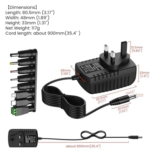 12V 2A DC Power Supply UK Plug AC Adapter with 8 DC Plug Tips, Converter Driver AC 100-240V Supply to DC 12V, AC to DC Converter Adapter Transformer for CCTV Camera, USB 3.0 HUB, LED Lights — view 6
