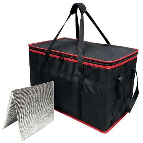 Surbootime 77L Insulated Food Bag for Cars, Suitable for Food Delivery/Zip-Lock Shopping, Reusable, Extra Large Capacity, Reinforced Bottom, Ideal for Camping, Family BBQs, and Picnics (Red & Black)