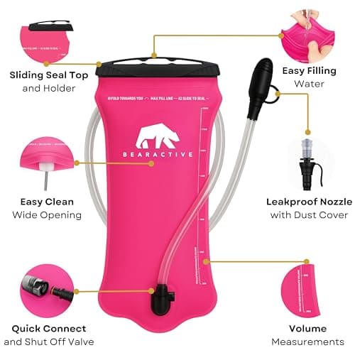 Bearactive Hydration Bladder, Water Bladder 2L for Running Backpack with BPA-Free TPU, Hydration Pack, Leak-Proof Water Pouch, No Plastic Smell – Hiking, Running, Cycling & Camping (Pink, 2 Litre) — view 4