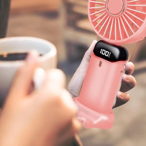 Jsdoin Hand Held Fan,Portable Handheld USB Rechargeable Fans with 5 Speeds,Battery Operated Mini Fan Foldable Desk Desktop Fans with LED Display for Home Office Bedroom Outdoor Travel (Pink) — view 3