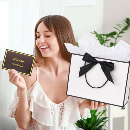 Medium Gift Bags wit Tissue Paper and Gift Cards for Present,3Pcs Paper Bags with Handles for Girls Womens Men Birthday Party Christmas Wedding Thank You,Any Occation (White&Black) — view 6