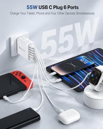 USB C Plug, 6-Port 55W Multi USB Charger Plug UK with Power Adapter +QC Wall Plug Multiport Mains, 3 Type C+3 USB A Ports Charging Plug for iPhone 16 15 14 13 12 11 Pro Max Plus XS XR SE,Samsung, iPad — view 2