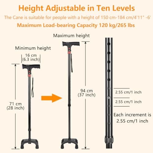 LINGTHIN Walking Stick 265 lbs Capacity, Height Adjustable Walking Stick with LED Flashlight, Warning Light and Alarm , Walking Cane for Seniors and Adults Who Need More Support. — view 2