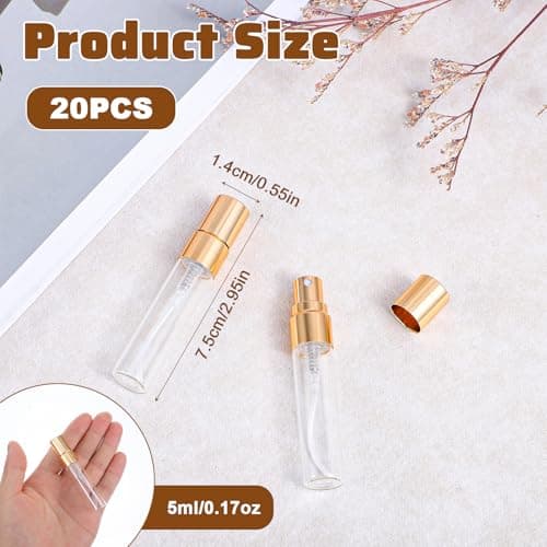 Azefnuhk 20 Pack 5ml Atomizer Glass Spray Bottles, Mini Perfume Spray Bottle, Fine Mist Atomizer Glass Bottle, Travel Size Mini Spray Bottles for Fragrance, Essential Oils, DIY Samples (Gold) — view 2