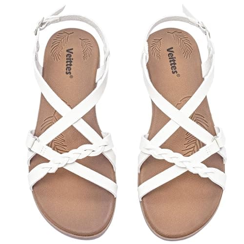 Veittes Women's Dressy Casual Strappy Flat Slide Sandals,White 10