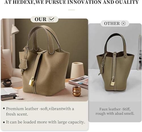 Ladies Handbag - Bucket Bag,Vegetable Basket Shoulder Bag for Travel,Commuter & Student Genuine Leather Design Bucket Bag,Fashionable and Versatile Shoulder Handle Bags Bucket Bags for Women (Grey) — view 3
