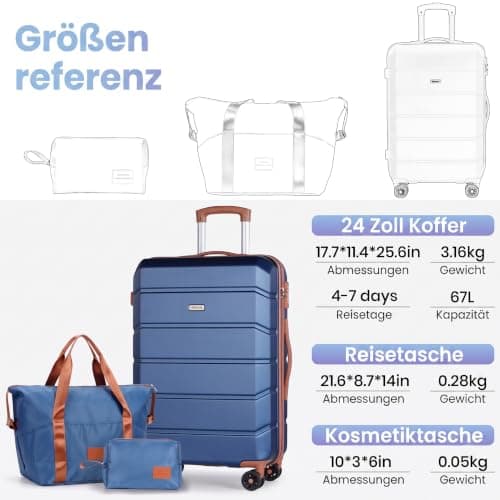 H.yeed Luggage Sets of 3 Piece, Lightweight Trolley Travel Suitcase Set ABS Hard Shell with 4 Spinner Wheels TSA Lock for Man Women, 24" + Duffels Bag & Toiletry Bag, Blue — view 3