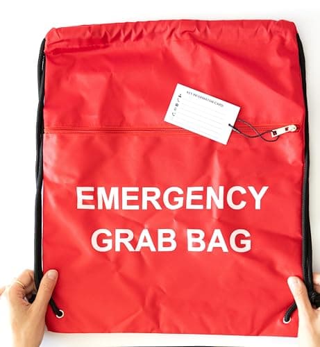 MediCounter Emergency Grab Bag – Water-Resistant Drawstring Emergency Go Bag (42x49cm) with Zip Pocket & Info Tag - Red — view 3