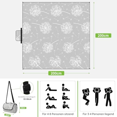 HAUSPROFI Waterproof Picnic Blanket – 200 x 200 cm, Large Foldable Mat with Carry Strap, Machine Washable, Ideal for Camping, Park, Garden & Beach — view 3