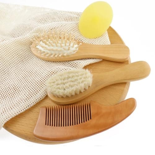 SOIMISS Bath Brush and Comb Kit for Home and Travel, Beech Handle and Wool Material, Promotes and Removes Newborn Scalp Residue, Healthy Bathing Accessory for Boys — view 5