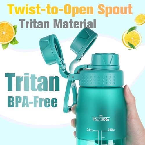 GOPPUS 1L/32oz Clear Tritan Water Bottle with Screw Lid, Drinks Bottle with Wide Mouth, Fruit Infuser, Leakproof, BPA Free, Carry Handle, Measurement Markings, Dust Cap (Turquoise) — view 3