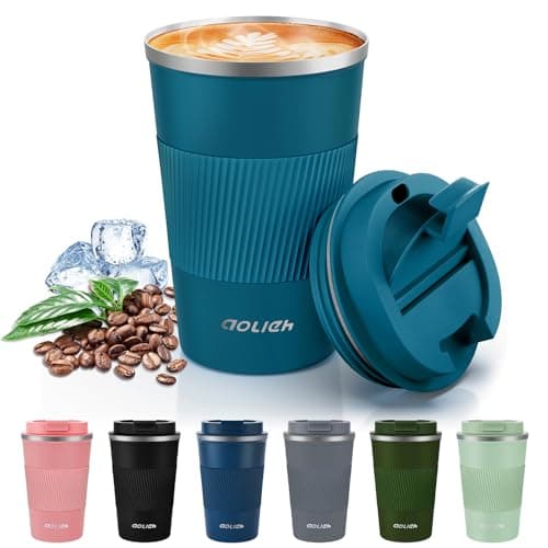 Aolieh Travel Mug 380 ml, Insulated Coffee Cup with Lid, Reusable Stainless Steel Thermal Cup for Coffee, Tea & Cold Drinks, Leak-Resistant Double-Walled Travel Mug, Blue