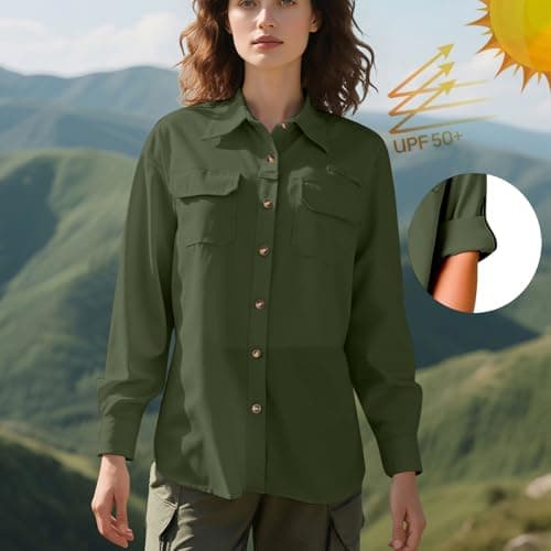 Women's Safari Shirt UPF 50+ Quick Dry Long Sleeve Tops UV Sun Protection Cooling Hiking Walking Shirts Casual Outdoor Travel Camping Fishing Shirts with Pockets — view 5