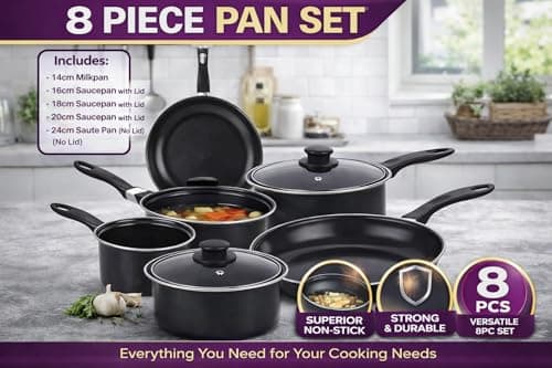 8 Piece Non Stick Cookware Set – Carbon Steel Pots & Pans Set with Lids – Saucepan Set, Frying Pan, Milk Pan – Induction, Gas & Electric Hob Compatible – Black Kitchen Cooking Set — view 2