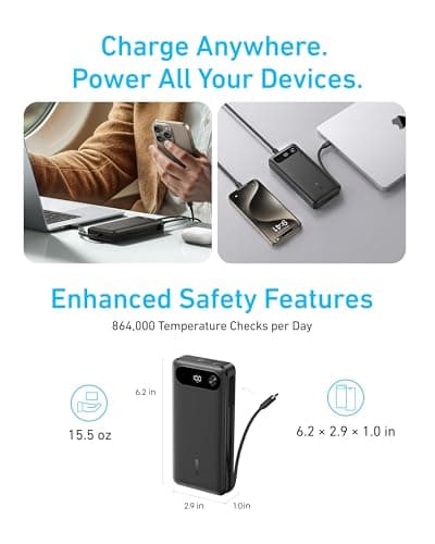Anker Power Bank, 20,000mAh Portable Charger with Built-In USB-C Cable, 87W Max Fast Charging Battery Pack, 2 USB-C and 1 USB-A, For MacBook, iPhone 15 Series, Samsung, Switch, and More — view 6