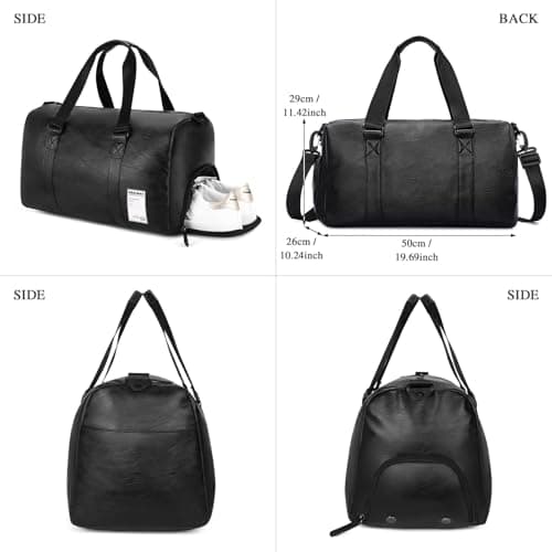 UBAYMAX Mens Black Leather Sports Duffle Gym Bag with Shoes Compartment and Wet Pocket, 37L Waterproof PU Leather Weekend Travel Overnight Bag for Men Holdall Bag Carry on for Basketball Swim Dance — view 2