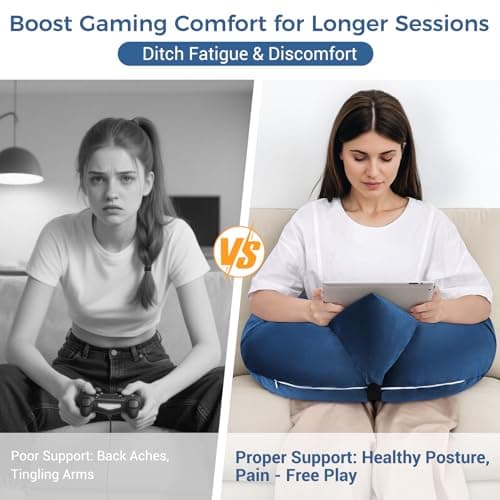 INFANZIA Reading Pillow for Gaming, Arm Rest Support Pillow, U-Shaped Lap Pillow with Side Pocket for Bed & Sofa, Compact Gaming Pillow with Tablet Support for Reading, Crocheting, Working (Blue) — view 6
