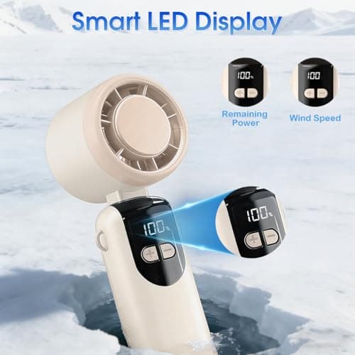 LULUWA Handheld Turbo Fan, 100 Speeds 90° Fold-able & USB Rechargeable LED Display with Lanyard Desktop or Neck Mini Fan for Shopping Camping Traveling Walking (Beige) — view 5