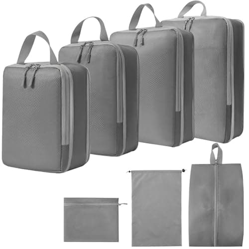Compression Packing Cubes, 7-Piece Set - Waterproof Travel Organiser Bags for Clothes,Cosmetics, Shoes & Toiletries, Space-Saving Luggage Packing Essentials for Suitcases & Backpacks (Grey)
