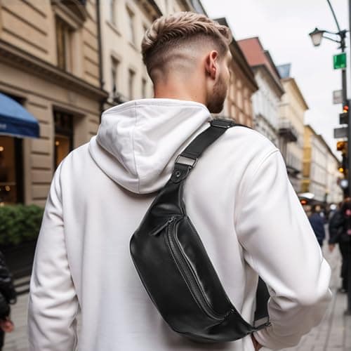 Leather Waist Bag Travel Bum Bag for Men,Casual Chest Fanny Pack — view 2