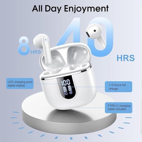 Wireless Earbuds with 6D Stereo, Bluetooth Headphones for Work, Sport White — view 4