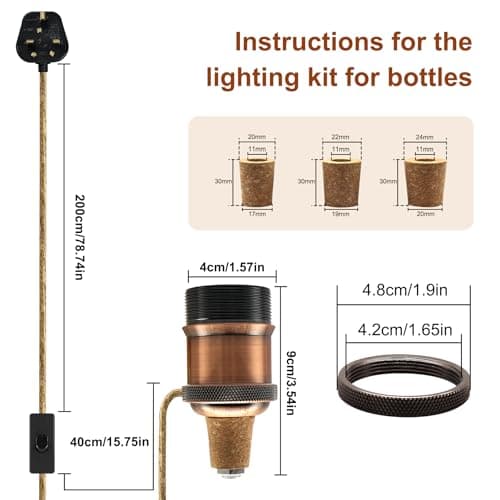 LAKONEI 2 Pack DIY Bottle Lamp Kit Vintage, Burgundy E27 Ceramic Socket with 2.4m Braided Jute Cable & 3 Stoppers, Bottle Lamp Holder with Switch and Plug, Fits Most Bottles for DIY Table Light — view 2