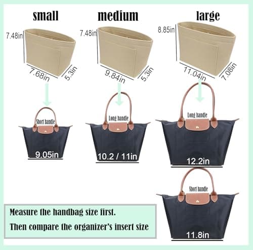 Lckaey tote bag organizer insert for Longchamp le pliage large tote insert felt purse zipper bag organizer beige, L/16.5 * 6.7 * 9.8in — view 6