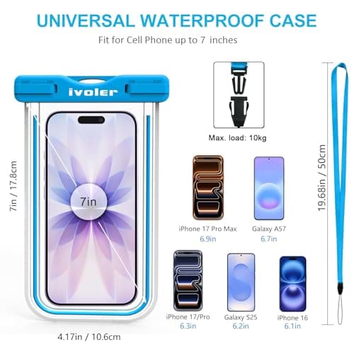 ivoler 2-Pack Waterproof Phone Pouches, IPX8 Universal Fluorescent Design Underwater Dry Bags for Swimming for iPhone 17/16/15 Pro Max, Samsung S26 Ultra (Up to 7")- White+Blue — view 2