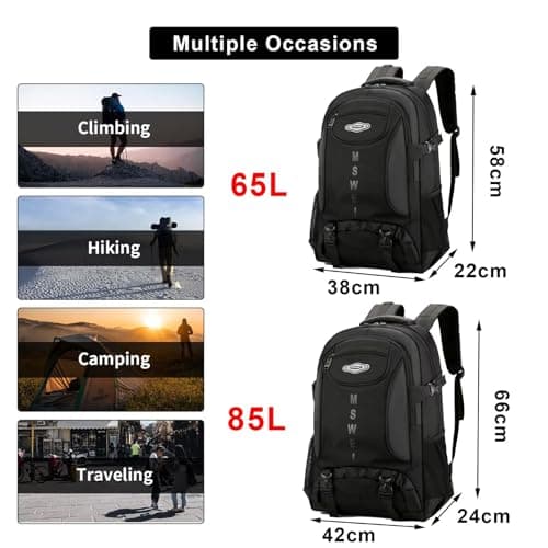 Ezmina 65L/85L Hiking Backpack Large Rucksack for Men and Women Black Camping Backpack Waterproof Hiking Daypack Trekking Bag for Travelling Touring Climbing Outdoor Sport — view 5