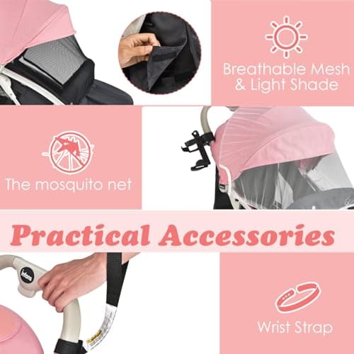 GYMAX Baby Foldable Stroller with Safety Belt, Storage Basket(Pink) — view 4