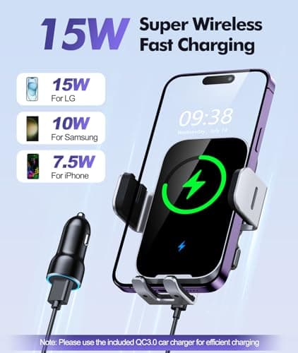 ISEYOU Car Phone Holder Wireless Charger, 15W Fast Charging Auto Clamping Wireless Car Charger, 360° Rotation Air Vent Mount With Electric Sensor Compatible For iPhone 17 16 15 Pro Max, Samsung Galaxy — view 2