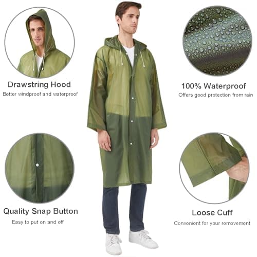 UPSEN Rain Ponchos for Adults, Reusable Raincoats for Women Men, 2 Pack Emergency Rain Jacket with Hood for Disney Outdoor, Green — view 4