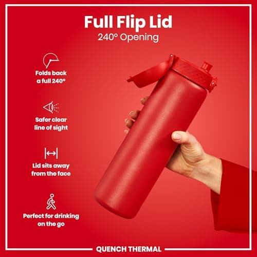 Ion8 Vacuum Insulated Stainless Steel 1 Litre Water Bottle, 920ml, Leak Proof, One-Finger Open, Secure Lock, Carry Handle, Dishwasher Safe, Scratch Resistant, Ideal for Sports and Yoga, Red — view 4