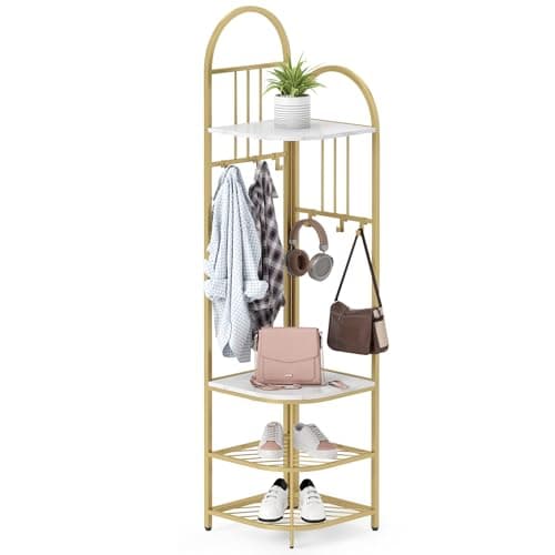 COSTWAY Corner Coat Rack Stand, 4-Tier Freestanding Hall Tree with Shoe Bench, Storage Shelves & 6 Hooks, Metal Frame Garment Rack Clothes Hanger Organiser for Hallway Bedroom (White + Gold)