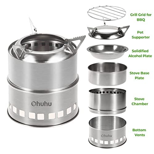 Ohuhu Rocket Stainless Steel Lightweight Camping Stove - Wood Alcohol Portable Outdoor Cooking Picnic BBQ Hiking with Mesh Bag — view 2