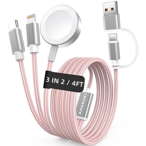 Upgraded Pink 3 in 2 USB C Cable for Apple Watch Charger USB C Multi iPhone Charger Cable Compatible with iWatch Ultra/SE/11/10/9/8/7/6/5/4/3/2/1 & iPhone 17/16/15/14/13/12/11/Galaxy S23-4FT