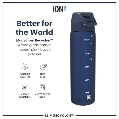 Ion8 Water Bottle, 500 ml/18 oz, Leak Proof, Easy to Open, Secure Lock, Dishwasher Safe, BPA Free, Hygienic Flip Cover, Carry Handle, Fits Cup Holders, Easy Clean, Odour Free, Carbon Neutral, Navy — view 5