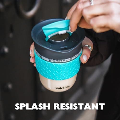 SoleCup. - Reusable Strengthened Glass Travel Cup - Spill Proof Coffee Mug - 12oz/340ml BPA-Free Hot Drink Travel Mug with Lid & Silicone Band (Grey and Blue, 12oz / 340ml) — view 3