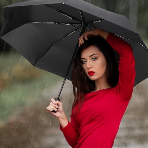 NPCQUN Travel Essentials Umbrella Windproof Compact Collapsible Light, Automatic, Strong and Portable, Wind Resistant, Folding Small Umbrella for Rain, Brown, 8 Ribs & 42 INCH, Compact — view 2