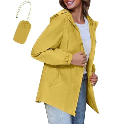 Waterproof Jacket Packable Rain Coats for Women Lightweight Rain Jacket with Hooded Ladies Packable Functional Jackets Windbreaker Breathable Active Outdoor Coats Yellow M