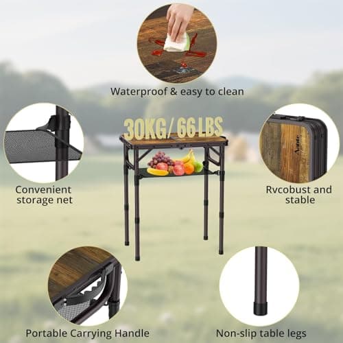 Anbte 2ft Camping Table Foldable with Storage Net, 3 Adjustable Heights 27.5" Aluminum Small Portable Table With Carrying Handle, For Outdoor Indoor Picnic Beach Party Travel, 24" X 16", Brown — view 4