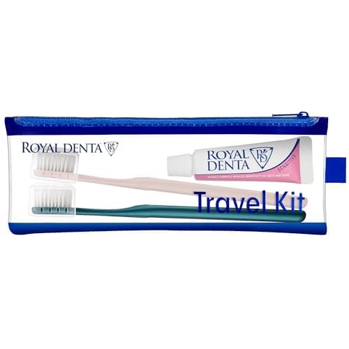 Royal Denta Travel Kit Duo Sensitive – Travel Toothbrush & Toothpaste Set with 20g Hydroxyapatite Toothpaste, 2X Silver Extra Soft Toothbrushes, Brush Caps & Water-Resistant Case