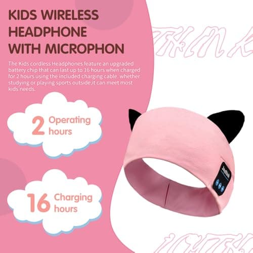 Joythink Kids Bluetooth Headband Headphones Sleep Mask Wireless Earphones Built in Thin Speaker Adjustable Sports Headset Sleep Headband for Girls Boys Toddler Children Baby Travel Study Pink — view 3