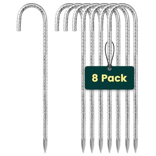 Tent Pegs Metal Heavy Duty: 8 Pack 12-Inch Steel Ground Pegs - Strong Galvanised J-Shape Rebar Stakes for Outdoor Camping/Garden/Swing/Gazebo/Football Goal-Net