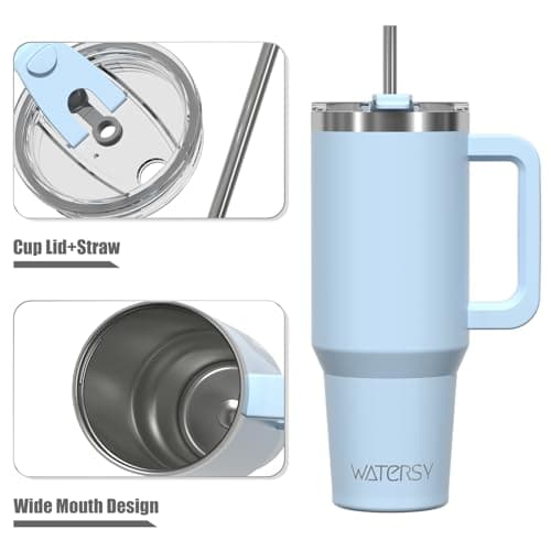 WATERSY Travel Mug Coffee Cup 40oz Tumbler Straw Lid and Handle, Stainless Steel Double Wall Vacuum Insulated Coffee Water Bottle Thermal for Cold Hot Coffee 1182ml Blue — view 2