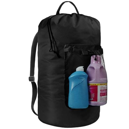 CATOTEL Polyester Large Laundry Bag Backpack, Black, Adjustable Shoulder Straps, Drawstring Closure, Multi-purpose for College Dorms, Laundry Room, Travels, Storage