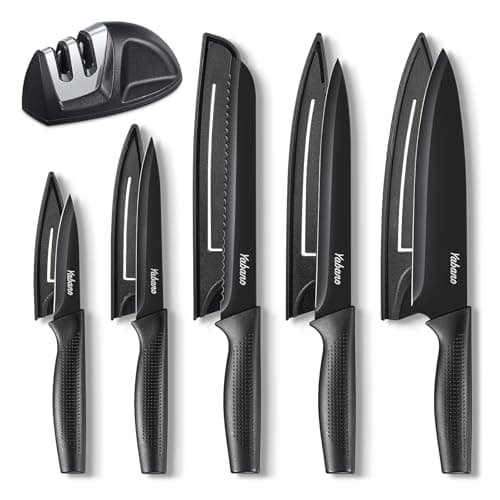 Knife Set, 5 Pieces Kitchen Knives Set with Healthy Anti-Rust Coating, Dishwasher Safe, Stainless Steel Chef Knife Sets with 5 Blade Guards and Knife Sharpener, Perfect Holiday Gifts for Kitchen