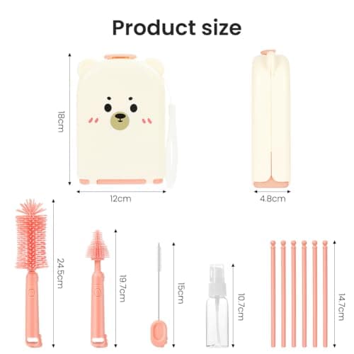 Vicloon 6 in 1 Baby Bottle Brush Set, Travel Bottle Cleaner Kit with Silicone Bottle/Nipple/Straw Brush, Soap Dispenser, and Drying Rack, Baby Travel Essentials (Pink) — view 2